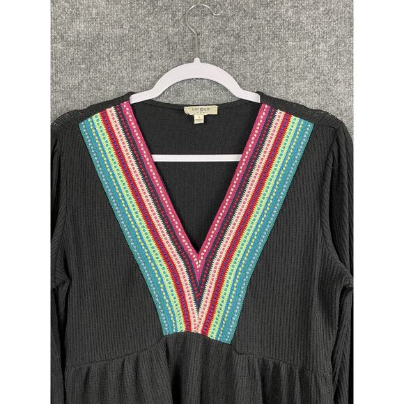 Umgee Black Colorful V-Neck Textured Tiered Ruffled Long-Sleeve Mini Dress Sz S - Picture 2 of 10